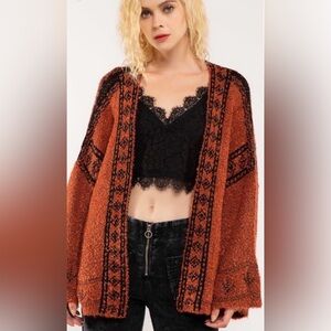 POL Rust Orange & Black Open-Front Knit Cardigan